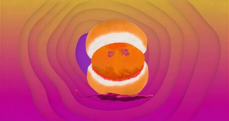 Floating orange sandwich hovering over abstract backdrop with purple curve and chili silhouette