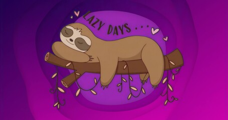Lying cartoon sloth draping tree branch on purple backdrop, with vines heart icons text LAZY DAYS