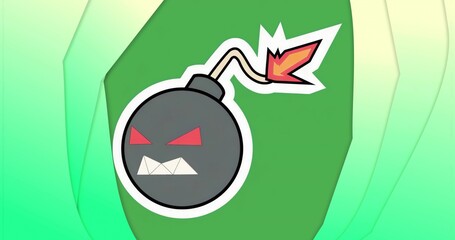 Displaying stylized black bomb with angry face against green background, with lit fuse and flame
