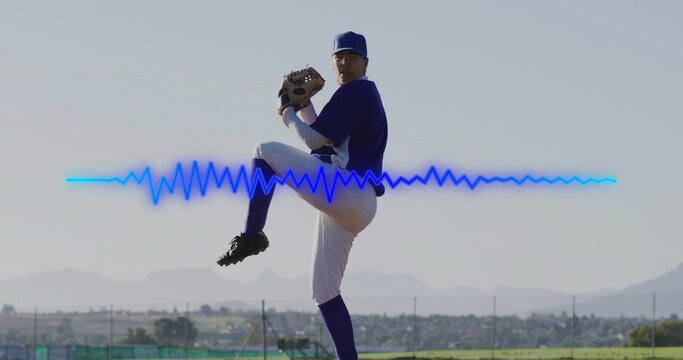Pitching woman athlete in windup on baseball mound holding glove, wearing cleats with waveform