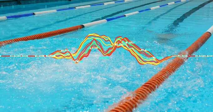 Stretching multicolored waveform overlay spanning swim center lane, with floating lane dividers