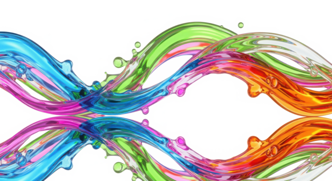 Vibrant swirling liquid paint splashes in a dynamic abstract wave pattern with a mirrored reflection isolated on transparent background