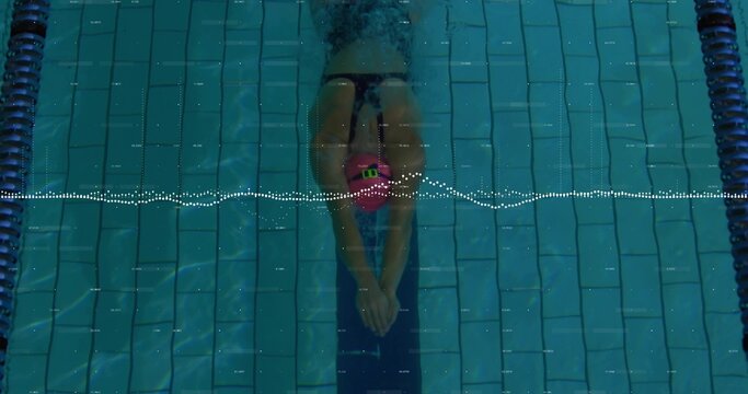 Female swimmer gliding underwater in pool, with pink swim cap, goggles, swimsuit, waveform overlay - Powered by Adobe