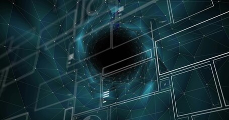 Floating void forming mesh network tunnel in virtual space, showing wireframe panels, glowing nodes
