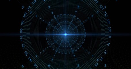 Dashboard showing interface in dark background, with glowing blue hub, numeric rings and grid lines