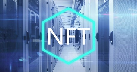 Overlaying teal hexagon graphic spelling NFT through data center corridor, showing server cabinets