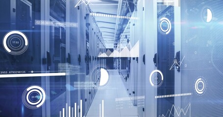 Displaying high-tech data center rack corridor glowing with LED lights, showing holographic metrics