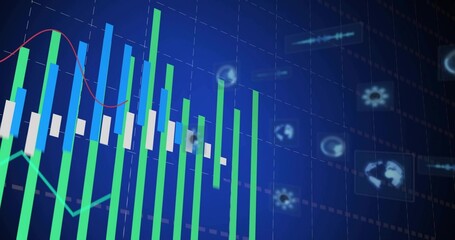 Showing green, blue bars, candlesticks rising on blue grid panel, with red trend line and icons