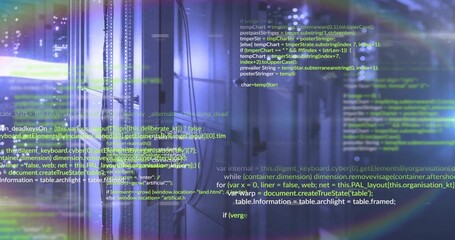 Blinking central server rack showing overlaid code in data center, with LED lights, Ethernet cables