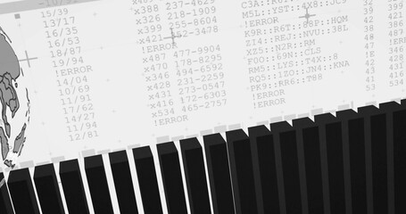 Stylized globe showing alphanumeric codes, !ERROR strings, black bars in dashboard, copy space