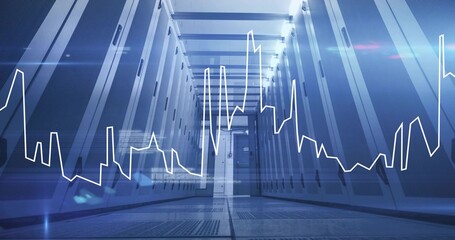 Highlighting data center corridor showcasing server racks, with digital line graph overlay