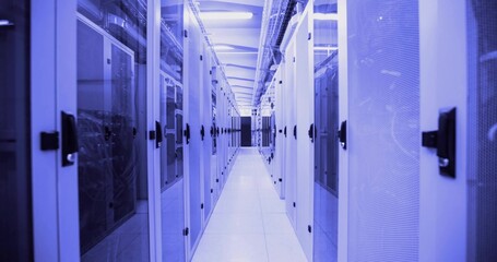 Featuring tiled aisle running along data center corridor, with server racks and cable trays © vectorfusionart
