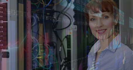 Smiling female IT expert monitoring network hardware in data center, chart overlays, copy space