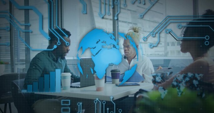 Analyzing data three professionals working around table in office with laptops and digital overlay - Powered by Adobe