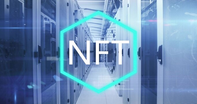 Overlaying teal hexagon graphic spelling NFT through data center corridor, showing server cabinets