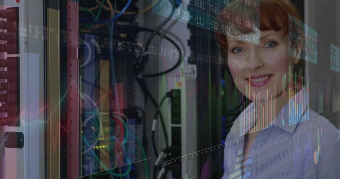 Smiling female IT expert monitoring network hardware in data center, chart overlays, copy space