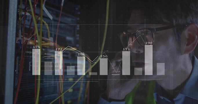 Monitoring IT technician holding smartphone beside racks in server room, cable overlay, copy space - Powered by Adobe