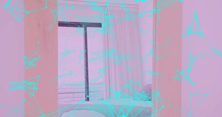 Showcasing bedroom with white bedding and pillows at home, with digital network overlay