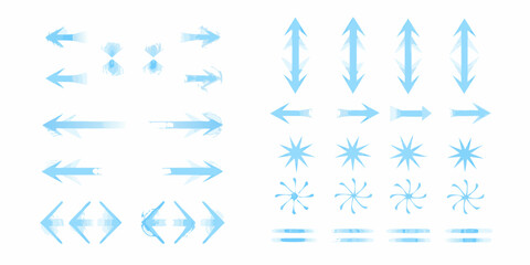 Set of blue arrow icons and graphic elements with a watercolor or splash effect
