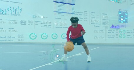 Dribbling boy wearing red sportswear moving on gym court, with basketball and analytics overlays