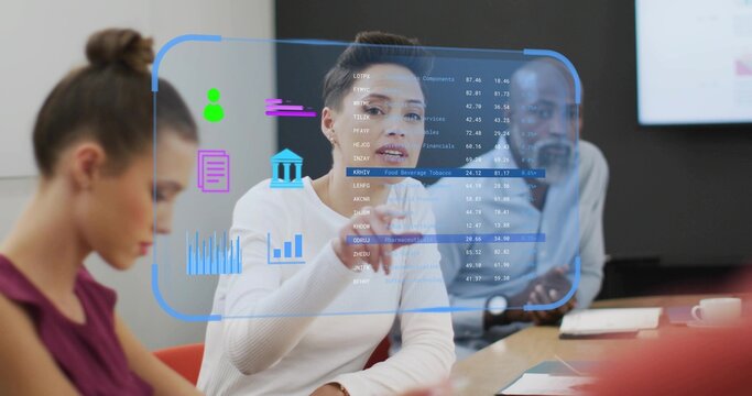 Manipulating holographic interface data analyst collaborating at conference table, with coffee cup