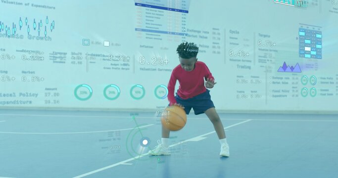 Dribbling boy wearing red sportswear moving on gym court, with basketball and analytics overlays