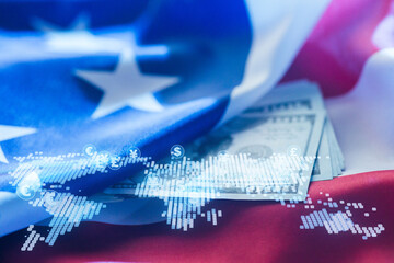 Currency exchange concept with dollar bills under American flag and global finance symbols in the background