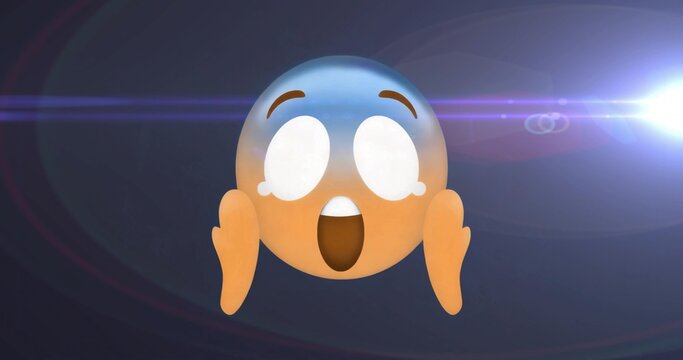 Displaying 3D shocked-face emoji pressing hands on cheeks in graphic scene, showing tearful shock
