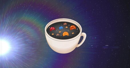 Floating ceramic mug holding cosmic liquid at starfield, with miniature planets and lens flare