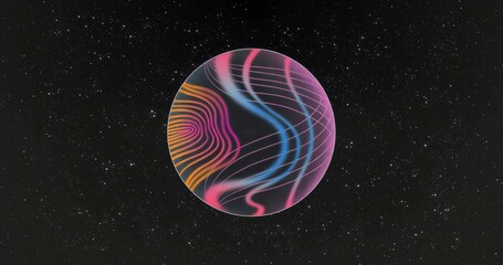 Fototapeta premium Floating colorful abstract orb hovering in star-speckled outer space, with neon wavy bands