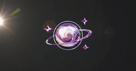 Fototapeta premium Showing purple-white planet spinning in space, with violet ring, purple sparkles and lens flare