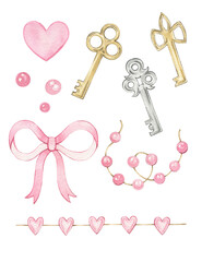 Valentine's Day watercolor set. Hand-drawn illustrations of a heart, bow, pink heart garland, beaded garland, and golden keys. A sweet set for Valentine's Day designs.