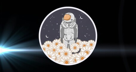 Standing astronaut wearing white spacesuit amid daisies in cosmic graphic, with blue lens flare