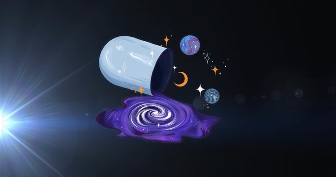Naklejki Tipping white pill capsule releasing swirling purple fluid in void with planets and moon icon