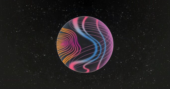 Naklejki Floating colorful abstract orb hovering in star-speckled outer space, with neon wavy bands