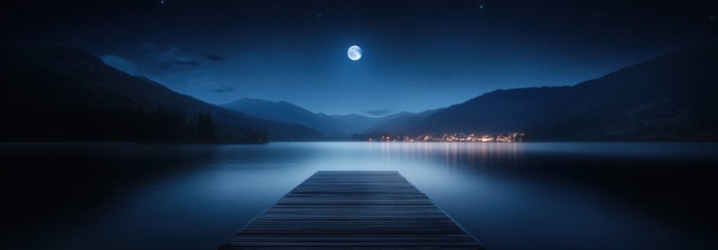 Serene night landscape with moonlit lake and mountains - Powered by Adobe