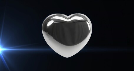 Naklejka premium Floating metallic heart sculpture hovering in studio, with blue lens flare and light streaks