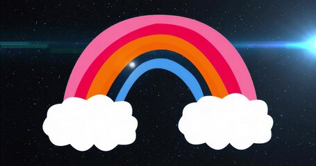 Fototapeta premium Floating cartoon rainbow connecting two white clouds in star field, with bright blue lens flare