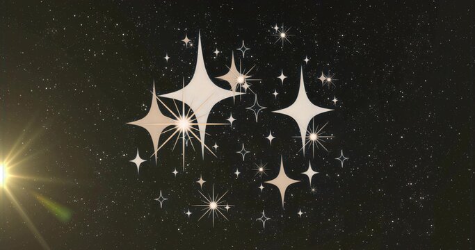 Naklejki Shining stylized starbursts hovering in outer space among scattered stars, with bright lens flare