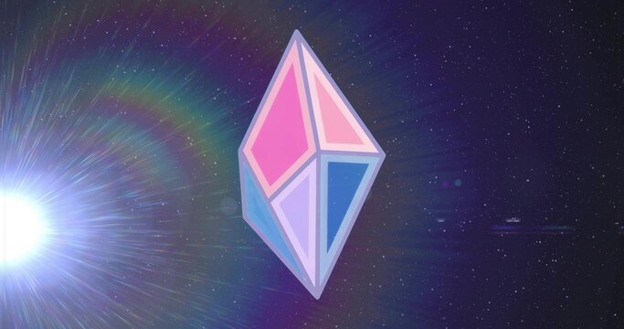 Naklejki Gliding pastel octahedral crystal drifting through cosmic star field, with lens flare and stars