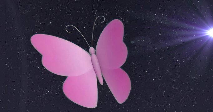 Naklejki Floating stylized 3D pink butterfly gliding across cosmic space, with bright star flare, tiny stars