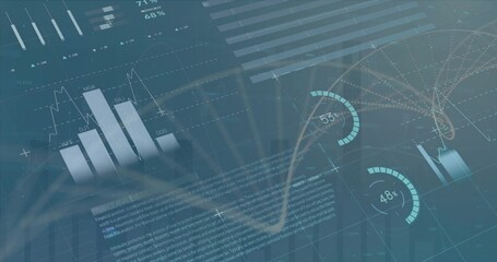 Displaying dashboard showing bar and line charts on teal grid, network diagram and radial gauges