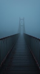 Dark wooden walkway leads toward a towering suspension structure shrouded in thick blue atmosphere