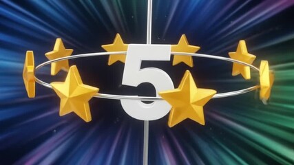 A bold white number five encircled by a halo of seven shiny golden stars on a colorful radial background. - Powered by Adobe