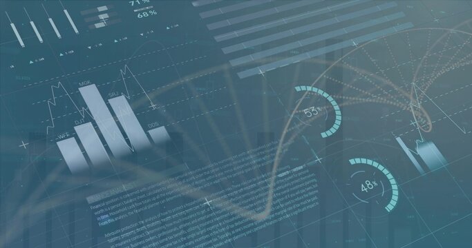 Displaying dashboard showing bar and line charts on teal grid, network diagram and radial gauges