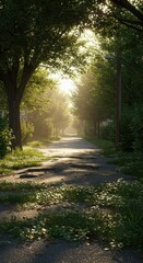 Obraz premium Sunlight streams down a tree-lined pathway leading into a bright, hazy distance.