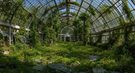 Fototapeta premium Overgrown vegetation consumes the interior space of a large, curved glass structure under bright daylight.