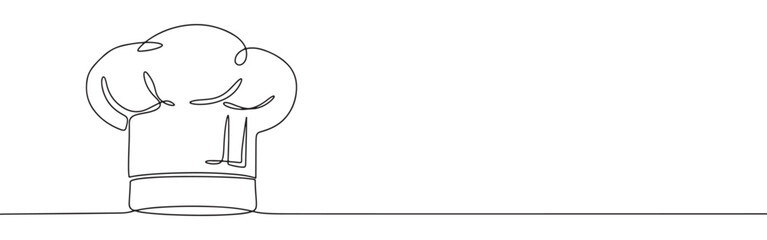 Continuous line drawing of a chef's hat, symbolizing cooking, culinary arts, and professional cuisine, isolated on a white background.