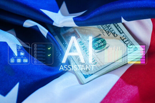 Money nestled in an American flag while displaying AI technology elements for financial analysis and assistance