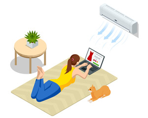 Isometric room with woman shopping online under working air conditioner. Concept of comfort, e-commerce, and smart home climate control.
